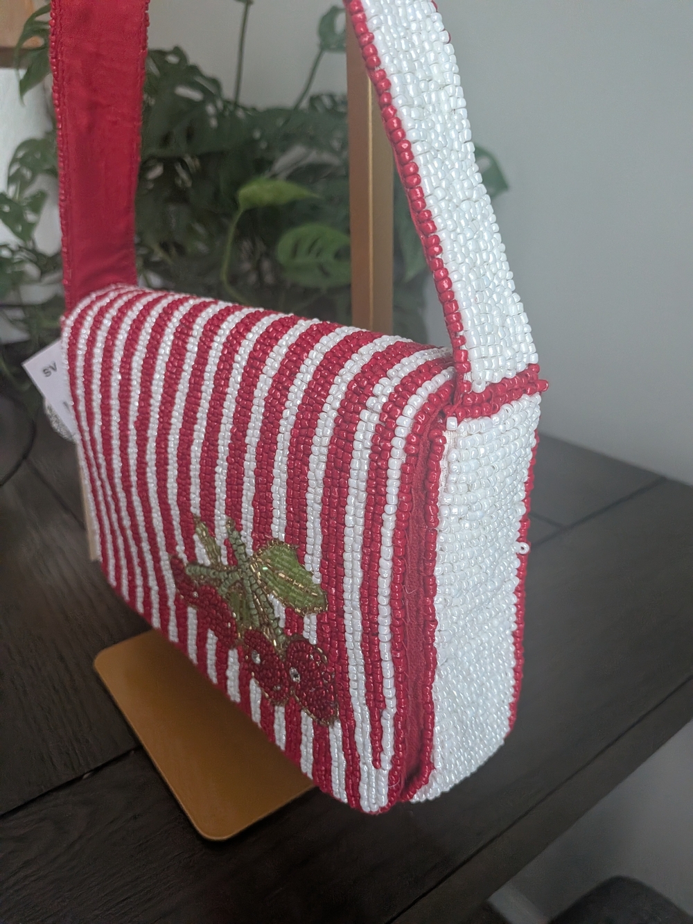 Beaded Red & White Stripe Cherry Shoulder Bag - Picture 2 of 3